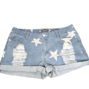 NOISY MAY Star Print Distressed Denim Shorts 100% Cotton Large